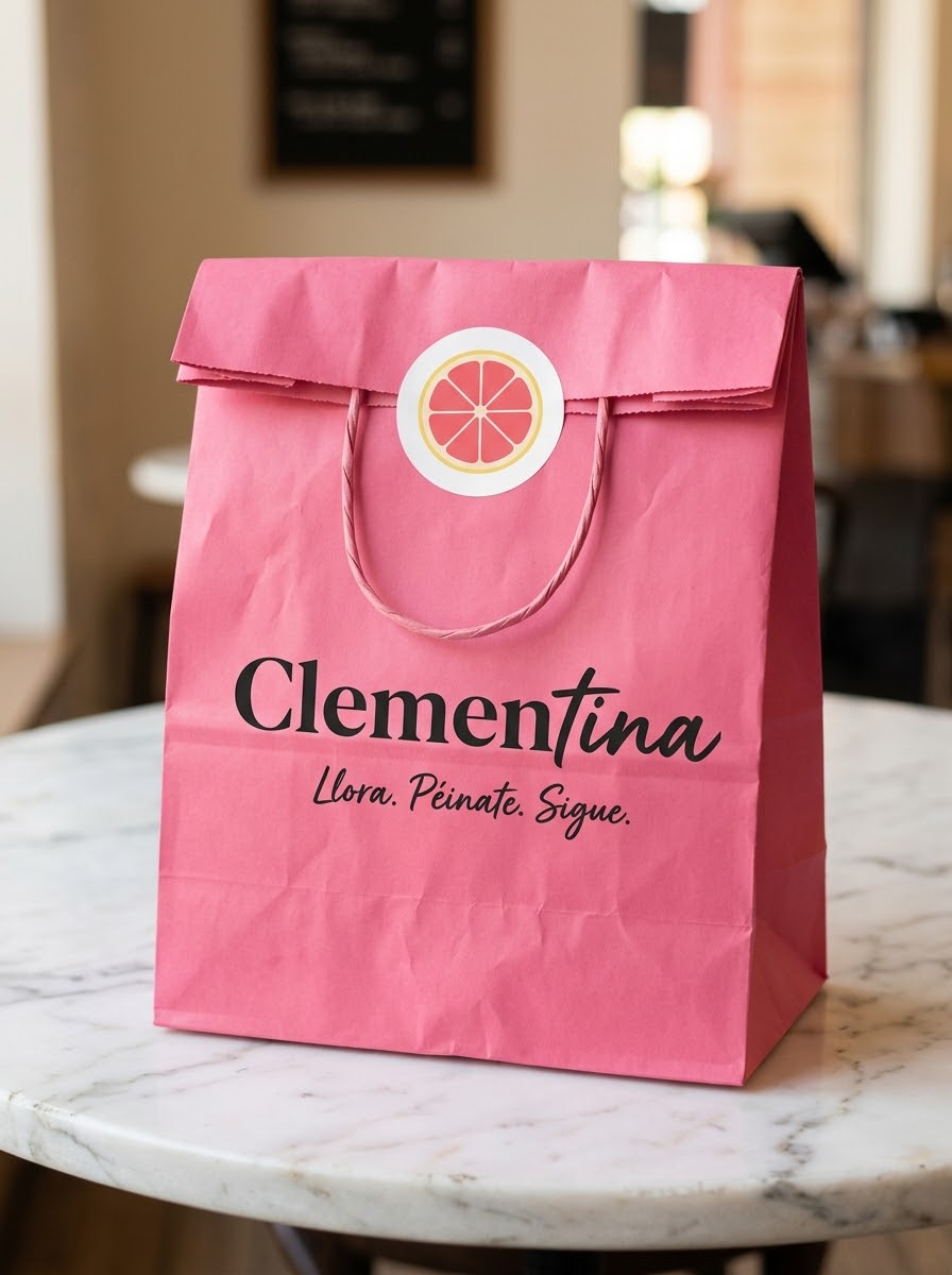 Bolsa rosa de Clementina con la frase Llora. Péinate. Sigue.