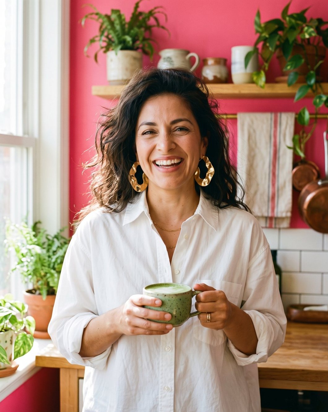 Mujer sonriente con camisa blanca y una taza de matcha frente a una pared rosa