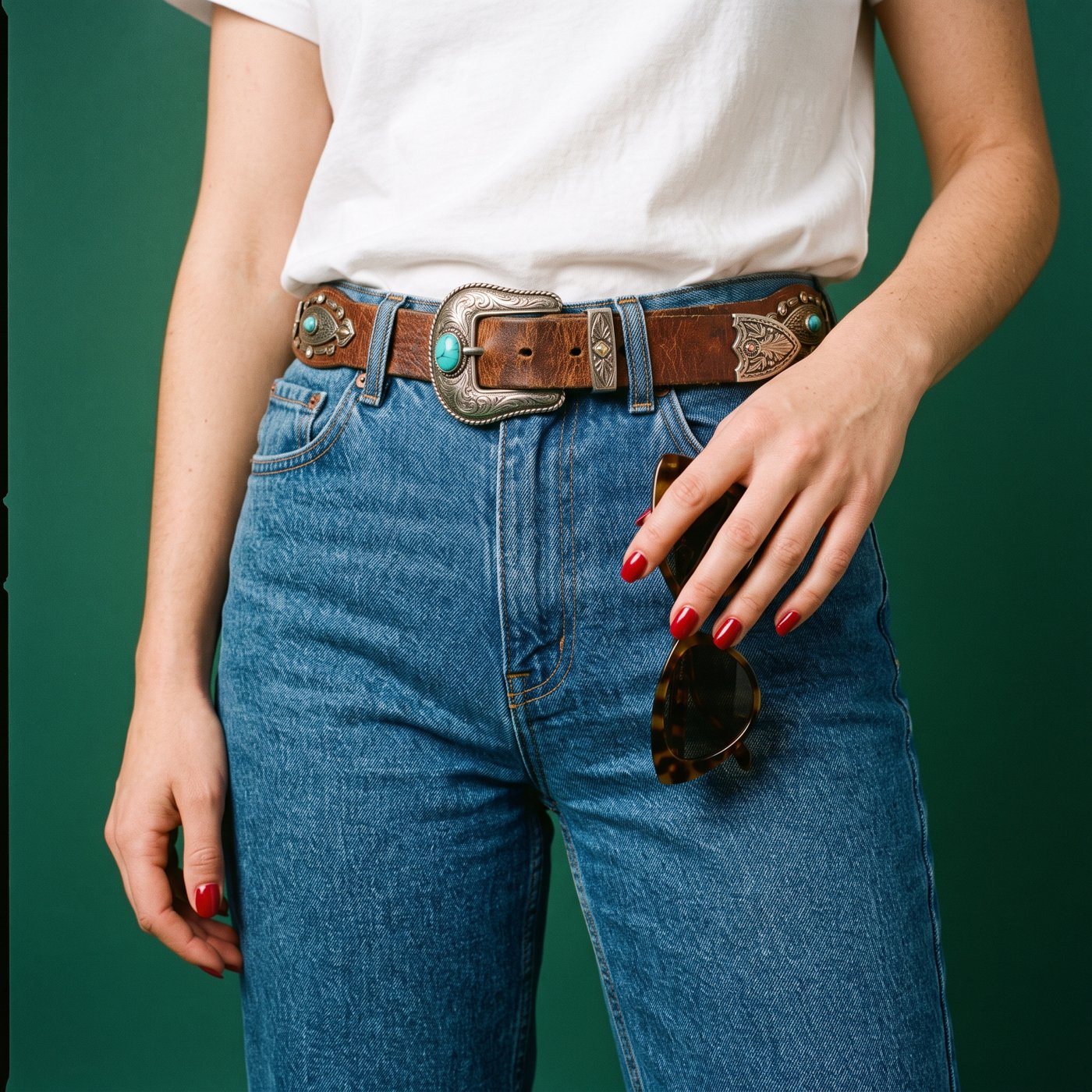 Detalle de jean, camiseta blanca y cinturón de cuero