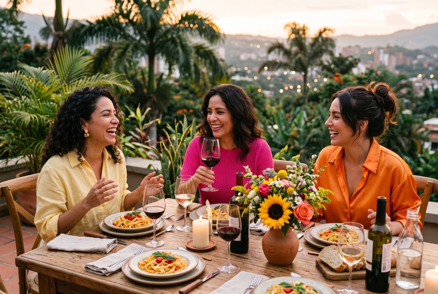 Tres amigas cenando y riendo al atardecer
